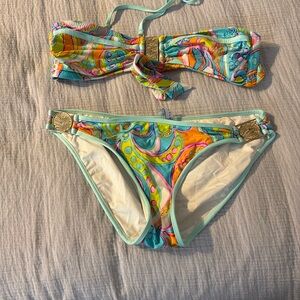 Trina Turk Cosmos Neon Print Buckle Bandeau Top & Bottom swimsuit set, size 8